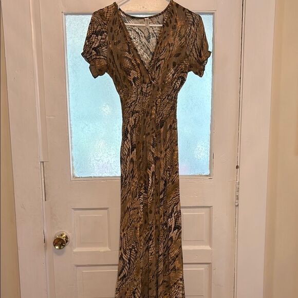 West Loop Women’s Brown Snake Print V-Neck Short Sleeve Maxi Dress Size Large - Picture 1 of 7